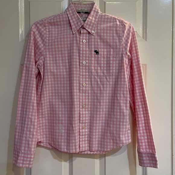 Abercrombie Kids Boy's Dress Muscle Shirt Pink White Gingham Size XL Easter - Picture 1 of 10